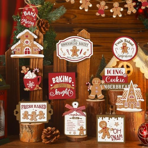 Funnymoom 17 Pcs Christmas Tiered Tray Decor Gingerbread Man Tray Decor Set