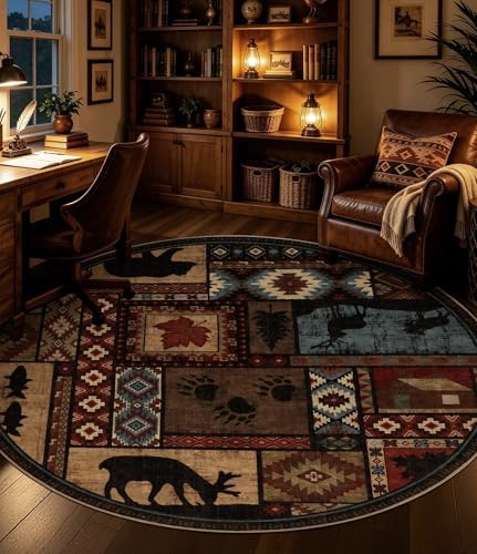 YIHOUSE Washable Rustic Cabin Round Rug, 4ft