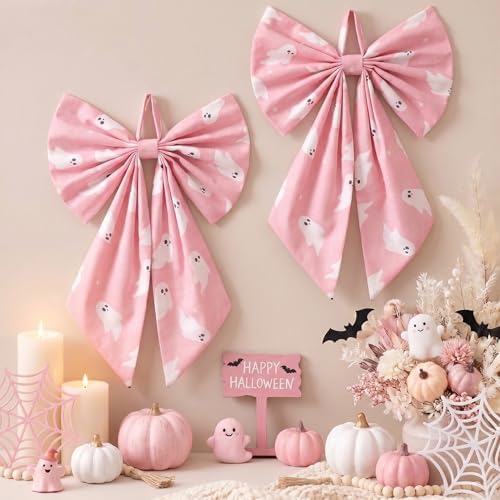 Suncalla 2 Pcs Pink Halloween Ghost Wreath Bows 18'' x 12''