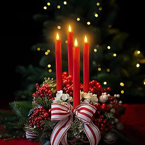 Homemory 6 Pcs Flameless Taper Candles with Remote Timer Dimmer, Red Battery Operated Candlesticks Flickering, Plastic Led Taper Candles Realistic, 9.6 Inches for Party Holiday Celebrations Christmas