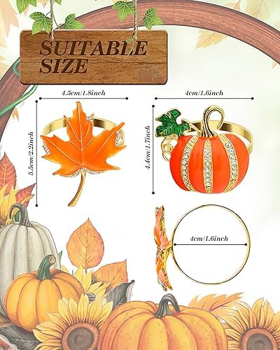 KPOSIYA Thanksgiving Napkin Rings, Fall Napkin Holders, Pumpkin, 6pcs