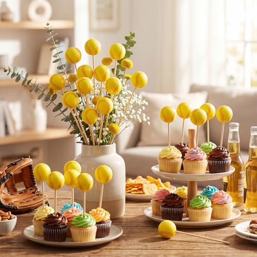 Soulchen 24 Pcs Softball Centerpiece Sticks Set 1.57inches Softball Balls with 7.87inches Sticks for Softballs Themed Party Decorations Sports Banquet Table Centerpieces Team Event Decor