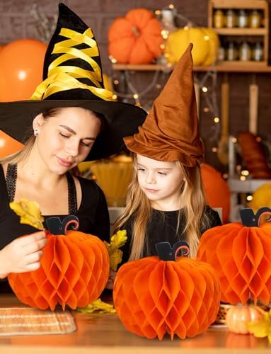 6 Pcs Fall Pumpkin Honeycomb Paper Decorations, Thanksgiving Pumpkins Table Centerpieces Hanging Pumpkin Honeycomb Tissue Balls for Halloween Thanksgiving Harvest Party Decor