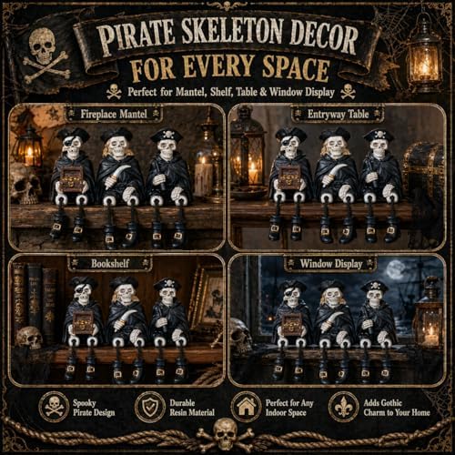 Dlfghos Halloween Skeleton Decor Set of 3 Pirate Skeleton Figurines Halloween Indoor Decorations Statue Skull Figurine Home Decor for Coffee Table Desk Bookshelf Mantel Gifts