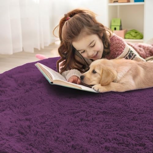 OLANLY Dark Purple Round Rugs for Bedroom - Machine Washable, 3 ft Circle Area Rugs for Living Room, Soft and Fluffy
