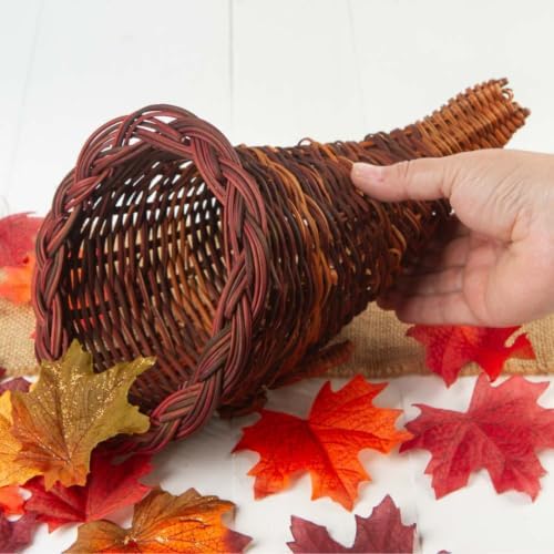 12" Wicker Cornucopia Basket – Natural Horn of Plenty Thanksgiving Décor