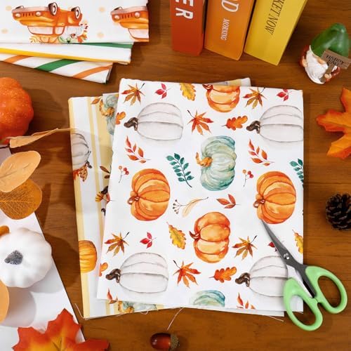Whaline 10 Pcs Fall Cotton Fabric Bundles Pumpkin Truck Leaves Fat Quarters Green Orange Autumn Thanksgiving Quilting Patchwork for DIY Sewing Craft Decor, 18 x 22 Inch