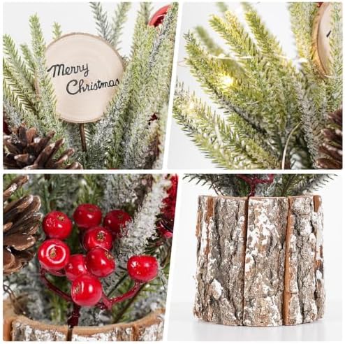 Small Table Top Christmas Tree with Lights, Mini Christmas Tree Decorations with Merry Christmas Pine Cones Berries Balls Ornaments for Home Party Office Centerpiece Indoor Decorations 12Inch, Red