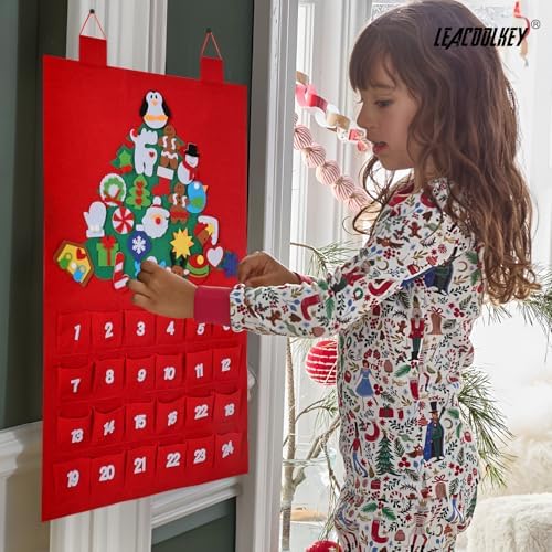 Christmas DIY Advent Calendar Felt Advent Calendar with Pockets Hanging Reusable Countdown Calendar for Kids Christmas Decorations Gifts (Red +Green Christmas tree)