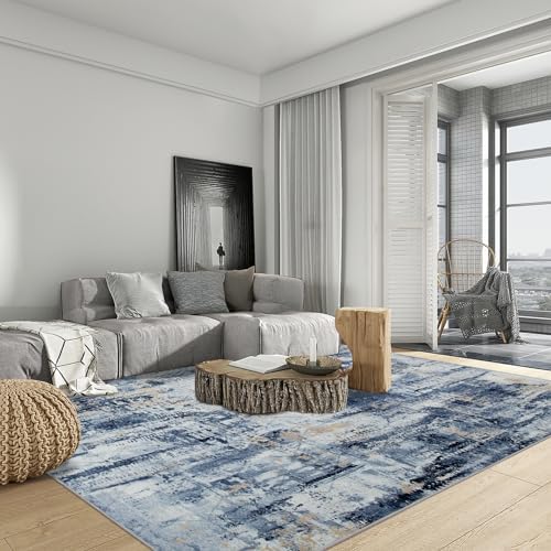 9x12 Area Rugs for Living Room: Washable Abstract Blue Gold Badroom Carpet