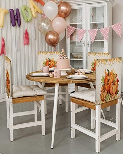 Orange Pumpkins Fall Chair Covers Set of 6 for Dining Room, Thanksgiving Maple Leaf Chair Back Cover, Autumn Botanical Removable Kitchen Chair Slipcovers Seat Protector for Party Banquet Decorations