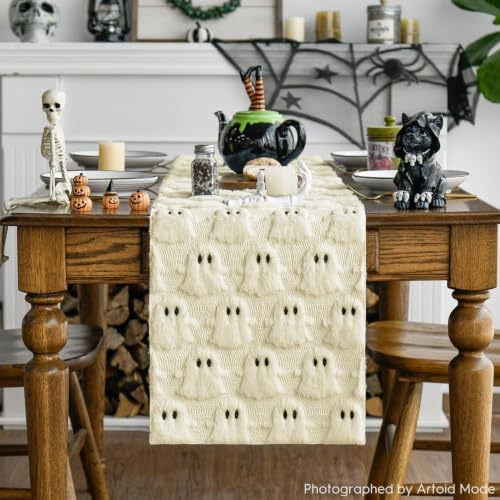 Artoid Mode Beige Soft Faux Fur Ghost Halloween Table Runner 13x72 Inch