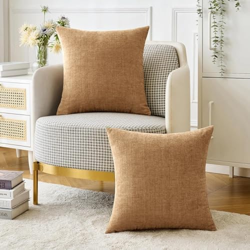 MIULEE Chenille Fall Throw Pillow Covers Apricot Brown 18x18 Pack of 2