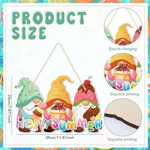 Summer Gnomes Welcome Door Sign 12" Ice Cream Gnome Wooden Hanging Sign Happy Ice CreamTropical Wall Art Decor, Farmhouse Home Door Porch Wall Decorations, Housewarming Summer Gift