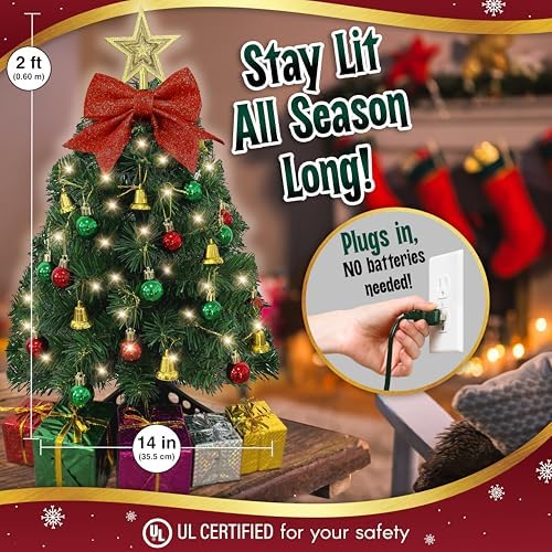 Small Christmas Tree with Lights - 23 Inch Mini Tabletop Christmas Tree with Warm-White LED Lights, Hanging Ornaments, Decorative Bow and Gift Boxes - Prelit Table Tree for DIY Christmas Decoration