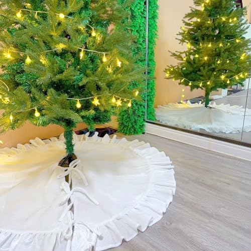 Velvet Christmas Tree Skirt White 48 inch Ruffled Holiday Tree Skirt for Rustic Xmas Tree Decoration