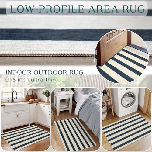 Blue and White Striped Outdoor Rug - 2x3 Non-Slip Front Door Mat