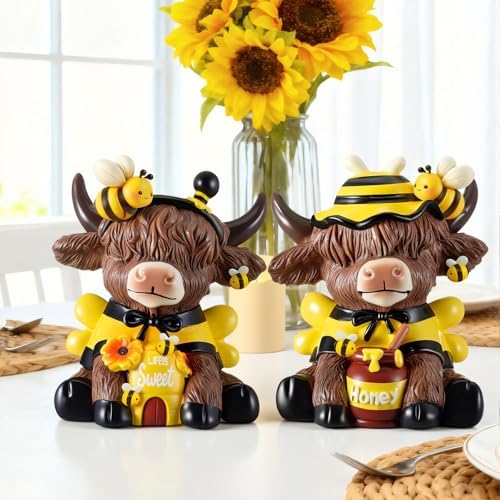 Karenhi 2 Pcs Highland Cow Figurines Resin, Bee Theme Honey Jar Decor