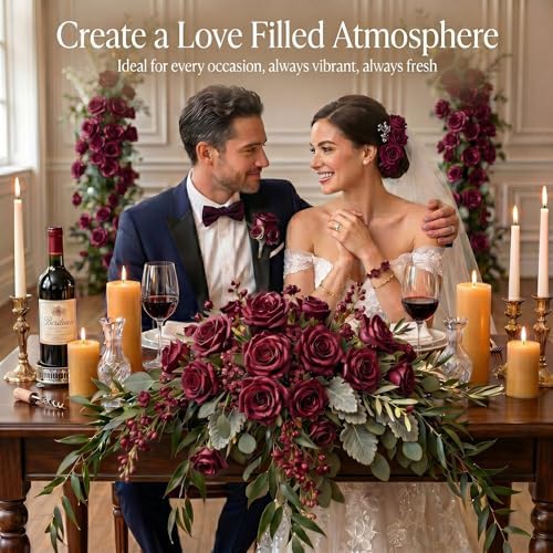 60 Pcs Burgundy Velvet Artificial Roses Flowers Real Looking Silk Faux Roses Bulk Long Stems for Wedding Centerpieces,DIY Floral Arrangements,Home Decor,Anniversary,Valentine's Day