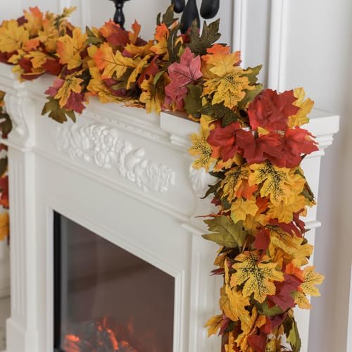 PARTY JOY 6PCS Orange Leaf Garland, 5.6Ft Halloween Garland Artificial Maple Leaf Autumn Hanging Fall Vines Thanksgiving Decorations Fall Decor