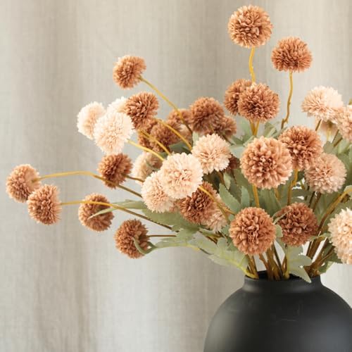 RyddeligHome 12 Stems Fake Mum Flowers with Black Vase for Home Decor