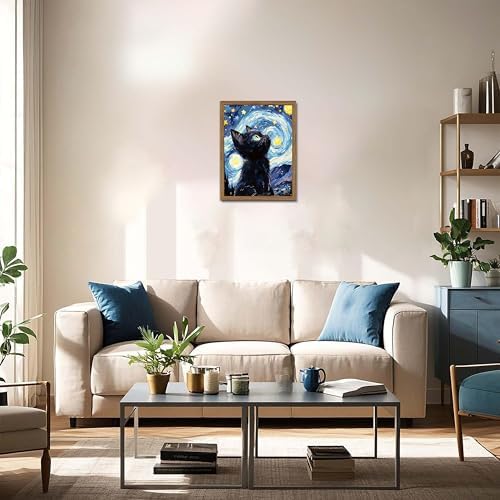Framed Black Cat Wall Art, Van Gogh Starry Night Canvas Wall Decor, Cute Cat Animal Poster Print Picture, Impressionist