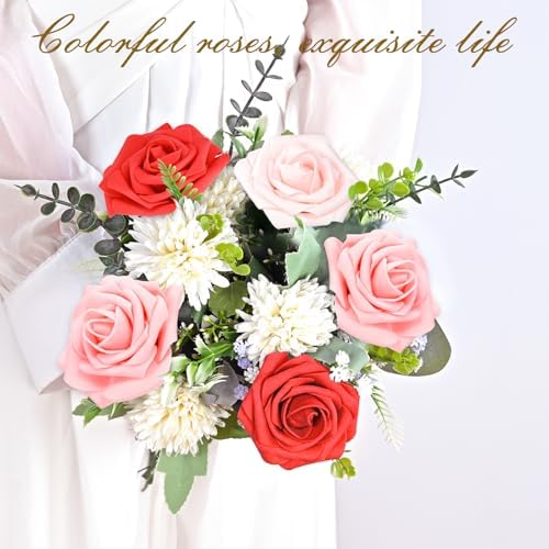 BLEUM CADE 16Pcs Artificial Flowers Fake Foam Roses with Stems for Wedding