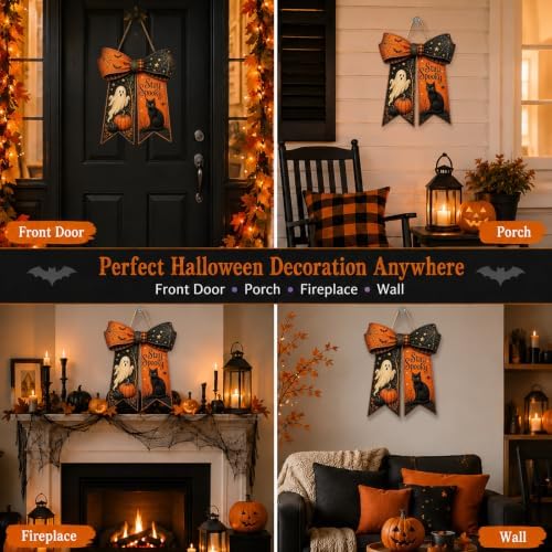 Halloween Bow Door Hanger Ghost Cat Black Orange Front Porch Wooden Sign