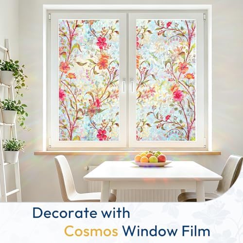 rabbitgoo Stained Glass Window Privacy Film, Cosmos Floral, 17.5" x 157.4"