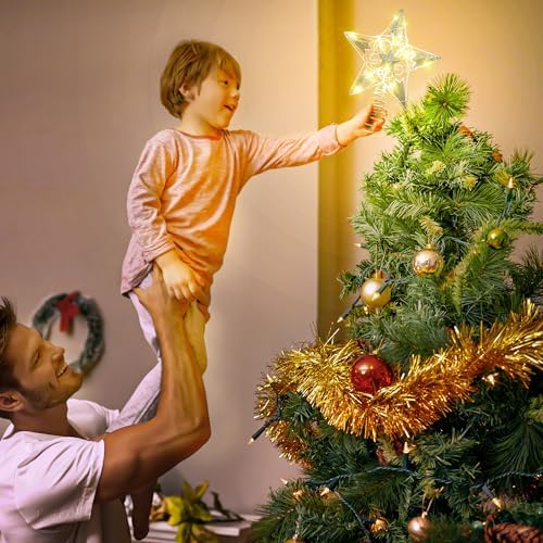 Brizled Silver Christmas Tree Topper, 8" Hollow-Out Xmas Star with 20 LED