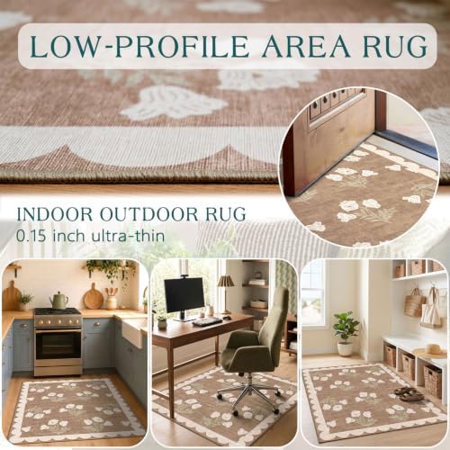 3x4 Floral Entry Rug - Small Washable Indoor Outdoor Mats for Front Door Non-Slip Porch Rug Tan Boho Neutral Farmhouse