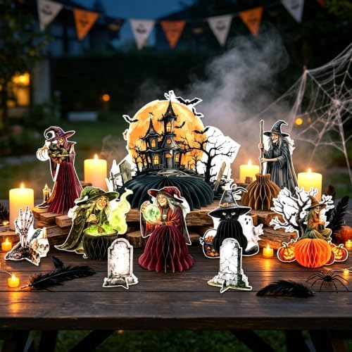 PAPER JAZZ Halloween Honeycomb Table Centerpieces, 9 Pcs Spooky Witch Halloween Decor with Haunted House Tombstone Skeleton Decorations, Halloween Party Desktop Ornaments for Indoor Home Dinner Table