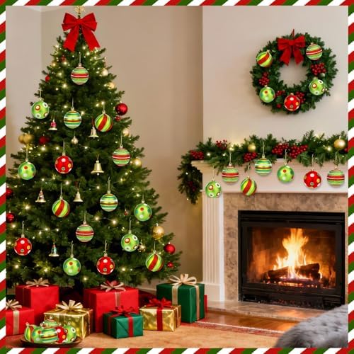JULMELON 24Pcs Christmas Ornaments for Large Tree, Red and Green Decor