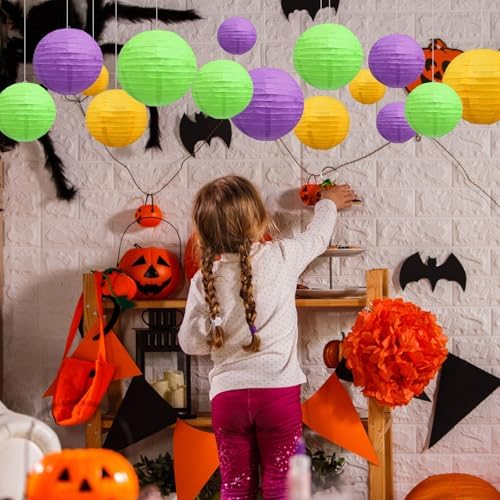 18Pcs Yellow Purple Green Paper Lanterns for Parties, 6” 8” 10” 12” Chinese Asian Hanging Round Paper Lanterns for Birthday Wedding Halloween Christmas Home Decor Party Decor