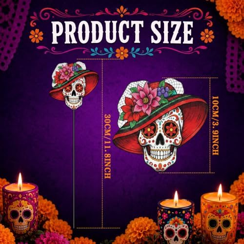 Chunful 4 Pcs Day of The Dead Decorative Garden Stake Sugar Skull Halloween