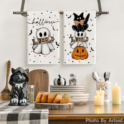 Artoid Mode Beige Cat Ghost Halloween Kitchen Towels Set of 2 18x26 Inch