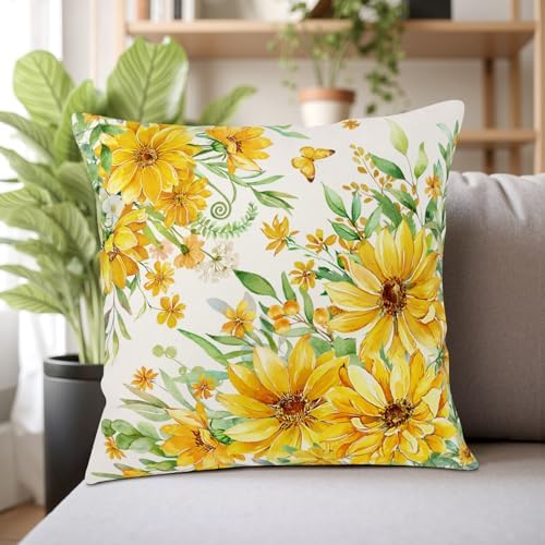 Summer Daisy Pillow Covers 18x18 Set of 2 Yellow Flowers Sunflower Decorative Throw Pillows Seasonal Spring Floral Green Leaf Outdoor Cushion Case for Home Couch Sofa Decor