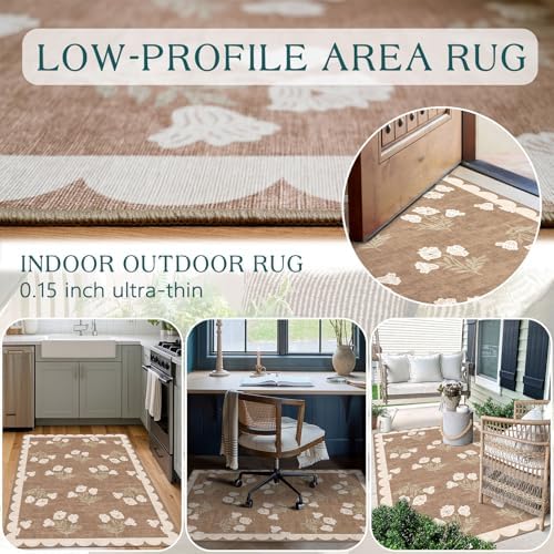 3x5 Floral Entry Rug - Small Washable Indoor Outdoor Mats for Front Door Non-Slip Porch Rug Tan Boho Neutral Farmhouse