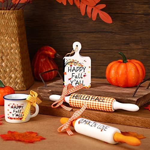 Yookeer 4 Pcs Fall Tiered Tray Mini Fall Rolling Pins, Autumn Signs Mug