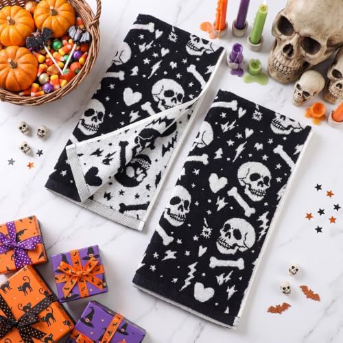 Breling 2 Pcs Halloween Skull Hand Towels Black White Bathroom Towels