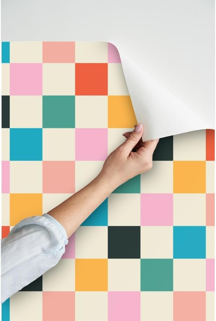 Retro Checkerboard Orange Modern Multicolor Checker Custom Removable / 24 x 144 / Roll / Pink