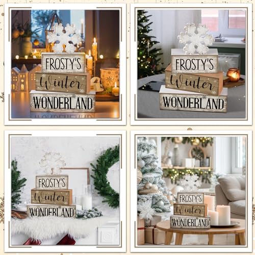 Lineshading 4 Pcs Winter Table Decorations Wooden Snowflake Decor Winter Tiered Tray Decor Rustic Snow Block Signs Gift