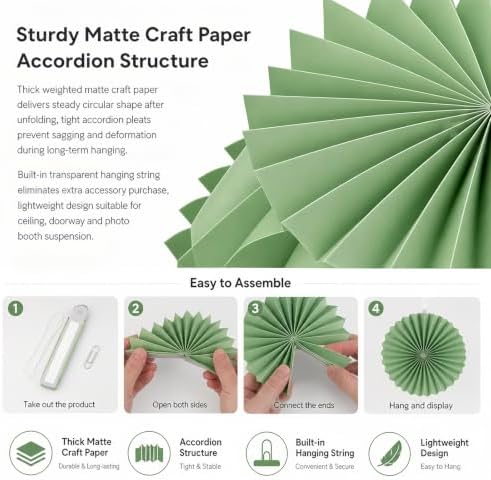 Paper Round Fan Set (12 Pcs) - 8/10/12/14 Inch Grass Green, Dark Green, Orange Hanging Paper Fans for Graduation, Birthday, Sports Party, Classroom, Baseball Party, Shop Window Decor