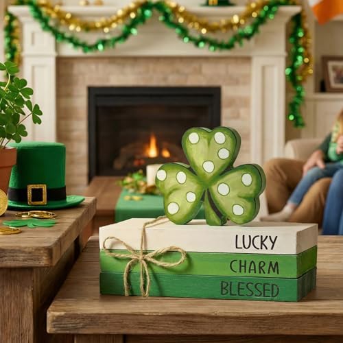 Smile St. Patrick's Day Wooden Decor Blocks LUCKY CHARM BLESSED Shamrock, Tabletop Shelf Wood Sign for Home Office Holiday Lucky Decoration