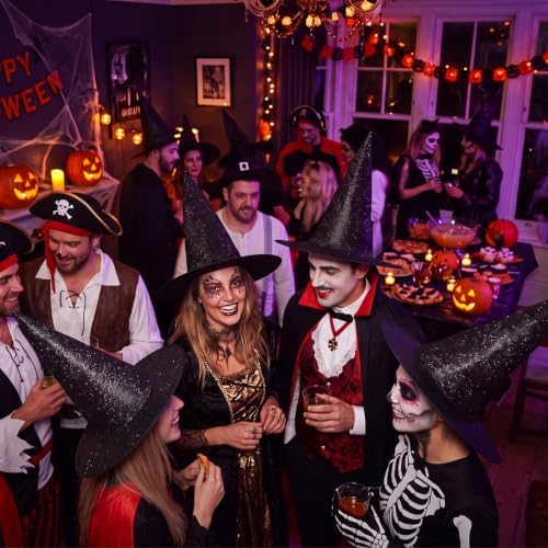 RattanView 12 Pcs Halloween Witch Hats Glitter Hanging Witch Hat,Black