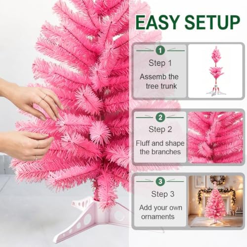 3FT Small Christmas Tree – Premium Pink Mini Xmas Artificial Trees for Home, Tabletop, Office, Apartment, Indoor Holiday Decorations, Easy-Assembly Metal Hinges & Foldable Base