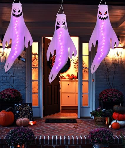Geefuun 3PCS Purple Halloween Fierce Ghost Windsocks Hanging Decorations - 43 Inch Flag Wind Socks for Home Yard Outdoor Decor Party Supplies (Batteries Not Included,No Timer)