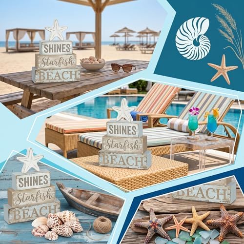 Britimes Coastal Nautical Tiered Tray Decor Set, 4 Pack, Wooden Table Sign