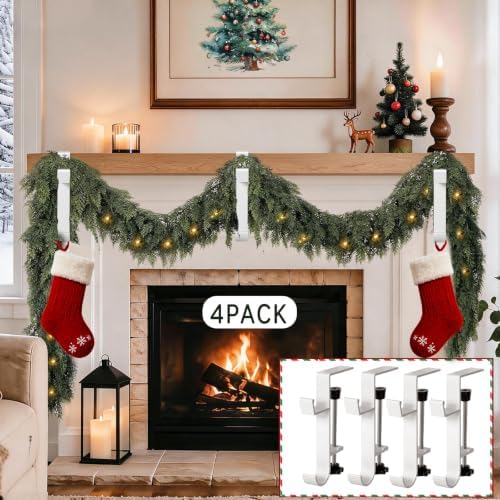 HMASYO 2-in-1 Christmas Garland & Stocking Holders for Mantle Set of 4, White Adjustable Low-Profile Fireplace Hangers with Dual Hooks, Metal Stocking Hooks for Garland, Fits 0.5”-3.4”Mantels