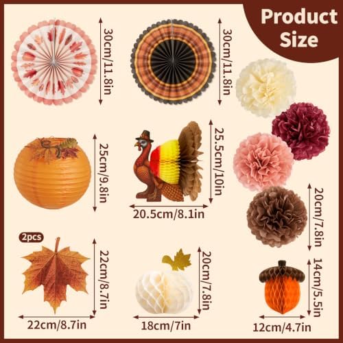 Paper Jazz Thanksgiving Hanging Decorations with Paper Turkey Friendsgiving Party Decoration with Fall Pompom Pumpkin Honeycomb Decor for Harvest Fall Decorations for Home Autumn Backdrop
